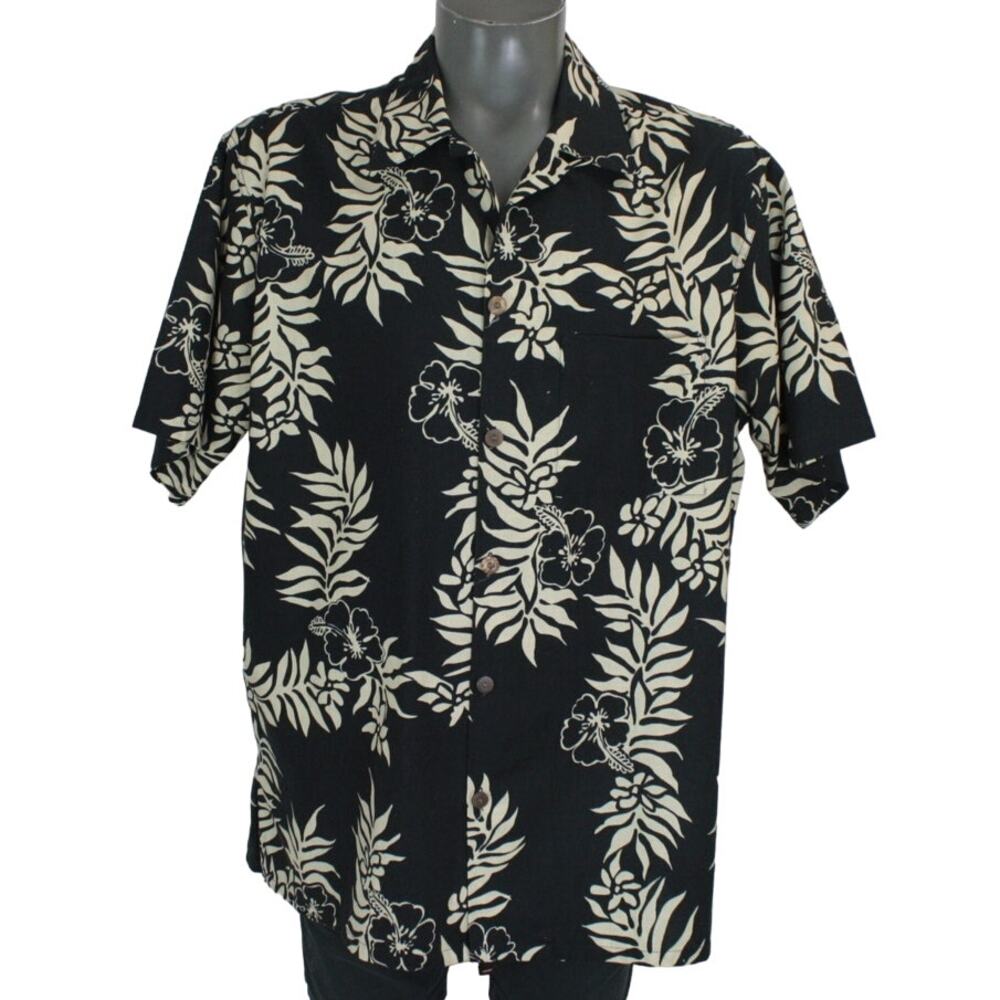Vintage Go Barefoot Hawaiian Camp Shirt Mens XL Black Cream Floral USA